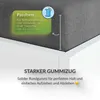 A close-up of a gray fitted sheet on a white bed frame, with a green overlay highlighting product features. Produktbild-Vorschau