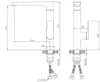 Technical drawing of a kitchen faucet with dimensions and connection details. Produktbild-Vorschau