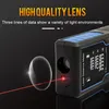 A laser distance meter is shown with a lens and a red laser beam. Text highlights 'High Quality Lens' and describes data display. Podgląd zdjęcia produktu
