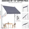 An outdoor awning is shown set up over a table and chairs, with diagrams illustrating its features. Podgląd zdjęcia produktu
