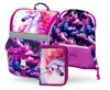 A set of school supplies with a unicorn theme, including a backpack, pencil case, and drawstring bag, displayed against a white background. Voir les images du produit