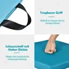 A collage of four images showcasing features of a blue children's chair cushion. Produktbild-Vorschau