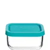 A clear, front-facing studio shot of a small, rectangular glass food storage container with a turquoise lid. Produktbild-Vorschau