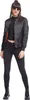 A woman is posing in a studio setting against a white background, wearing a black bomber jacket and black jeans. Produktbild-Vorschau