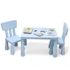 A light blue children's table and two chairs set with books and crayons on the table. Produktbild-Vorschau
