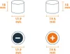 Diagrams showing dimensions of two different battery sizes, one with a negative symbol and one with a positive symbol. Produktbild-Vorschau