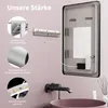 A bathroom scene featuring a mirror with LED lights, a faucet, and a sink, with close-up insets highlighting product features. Anteprima dell’immagine prodotto