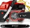 Close-up of a red chainsaw with a black chain and a yellow liquid, likely oil, splashing in the background. A separate black guide bar with branding is shown below. Produktbild-Vorschau
