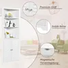 A white corner cabinet with multiple shelves and louvered doors, presented with close-up feature callouts. Produktbild-Vorschau