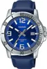 A close-up studio shot of a Casio men's watch with a blue dial and leather strap. Produktbild-Vorschau