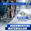 A car tire with snow chains installed, driving in snowy conditions, with marketing text overlays. Produktbild-Vorschau