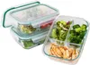 A set of glass food containers with lids, one of which is open and shows food divided into compartments. Náhled obrázku produktu