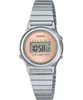 A close-up, front-facing studio shot of a Casio digital watch with a silver metal band and a pink face. Produktbild-Vorschau