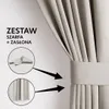 A close-up of a light beige curtain with text and inset images indicating features. Produktbild-Vorschau