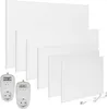 A group of white heating panels of various sizes are arranged in a staggered formation, with two white digital thermostats with plugs in the foreground. Produktbild-Vorschau