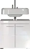 A white bathroom vanity with a sink and faucet against a white background. Produktbild-Vorschau