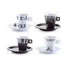 Four espresso cups with saucers, each with the word "Coffee" printed on them. Anteprima dell’immagine prodotto