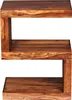 A wooden side table with a unique S-shaped design, presented against a white background. Produktbild-Vorschau
