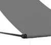 A close-up view of a gray retractable awning fabric and its black metal support arm. Produktbild-Vorschau