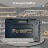 A black plastic transport case for a welding device, displayed in front of shelves filled with tools and materials. Produktbild-Vorschau