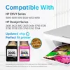 Two ink cartridges are shown in front of a printer, with a printed image of colorful leaves coming out of the printer. Text lists compatible HP printer series and models. Produktbild-Vorschau