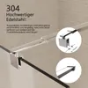 Close-up of a shower wall stabilizer bar made of stainless steel, with text highlighting its quality and durability. Produktbild-Vorschau