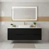 A modern bathroom vanity with a black cabinet, white countertop, and a vessel sink, illuminated by a backlit mirror. Anteprima dell’immagine prodotto