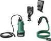 A collection of Bosch branded accessories for a cordless rainwater pump, including the pump unit, a hose with spray nozzle, and mounting brackets. Náhľad obrázku produktu