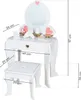 A white wooden children's vanity set with a stool, showing dimensions with measurement lines and labels. Podgląd zdjęcia produktu