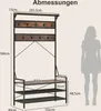 A diagram showing the dimensions of a coat rack and shoe bench, with a silhouette of a person for scale. Voir les images du produit