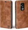 A brown leather flip case for a smartphone, shown from the front and back. Produktbild-Vorschau