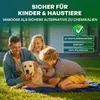 A family and their dog are enjoying time together on a lawn in front of a house. The image has marketing text and icons overlaid. Produktbild-Vorschau