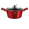 A red pot with a glass lid and silver handles, shown from the front. Produktbild-Vorschau