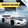 A white race car bed with a checkered flag background and promotional text. Produktbild-Vorschau