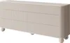 A greige dresser with six drawers on spherical feet, presented against a white background. Voir les images du produit