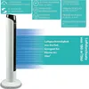 A white tower fan is shown with marketing text and graphics highlighting its features. Produktbild-Vorschau