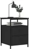 A black nightstand with two drawers and a shelf on top, holding a lamp and a vase with greenery. Produktbild-Vorschau