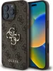 A brown Guess branded iPhone case is shown diagonally with the phone inside. Podgląd zdjęcia produktu