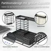 A collage of images showcasing a black kitchen sink organizer with various compartments and features like a towel holder and a removable drip tray. Produktbild-Vorschau