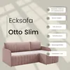A pink sectional sofa is shown with text overlays detailing its features. Podgląd zdjęcia produktu