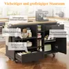 A kitchen island cart with various storage compartments and features highlighted by text overlays. Produktbild-Vorschau