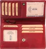 An open red leather wallet with multiple card slots and a zippered compartment. Produktbild-Vorschau