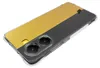 A clear phone case with a yellow and gray design, showing the camera lenses. Produktbild-Vorschau