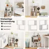 Collage of images showing a white modular shelving unit used in different room settings and configurations. Produktbild-Vorschau