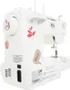 A white sewing machine decorated with colorful stickers is shown from a side angle. The machine has various stickers including a 'LIKE' hand icon, a 'WOW' speech bubble, a leaf design, and a 'HELLO!' speech bubble. It also has various labels and vents on i Produktbild-Vorschau