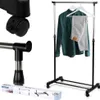 A clothing rack with clothes hanging on it, along with close-up shots of its components and packaging. Náhled obrázku produktu