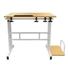 A white metal frame height-adjustable desk with a wooden top and a wooden footrest on wheels, isolated on a white background. Produktbild-Vorschau