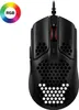 A black gaming mouse with a honeycomb design and RGB lighting indicator is shown against a white background. Produktbild-Vorschau