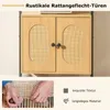 A close-up of a wooden cabinet with rattan doors, and a smaller inset image showing hands weaving rattan. Podgląd zdjęcia produktu