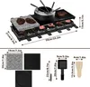 A multi-functional grill and fondue set with various cooking surfaces and accessories, shown with dimensions. Náhľad obrázku produktu